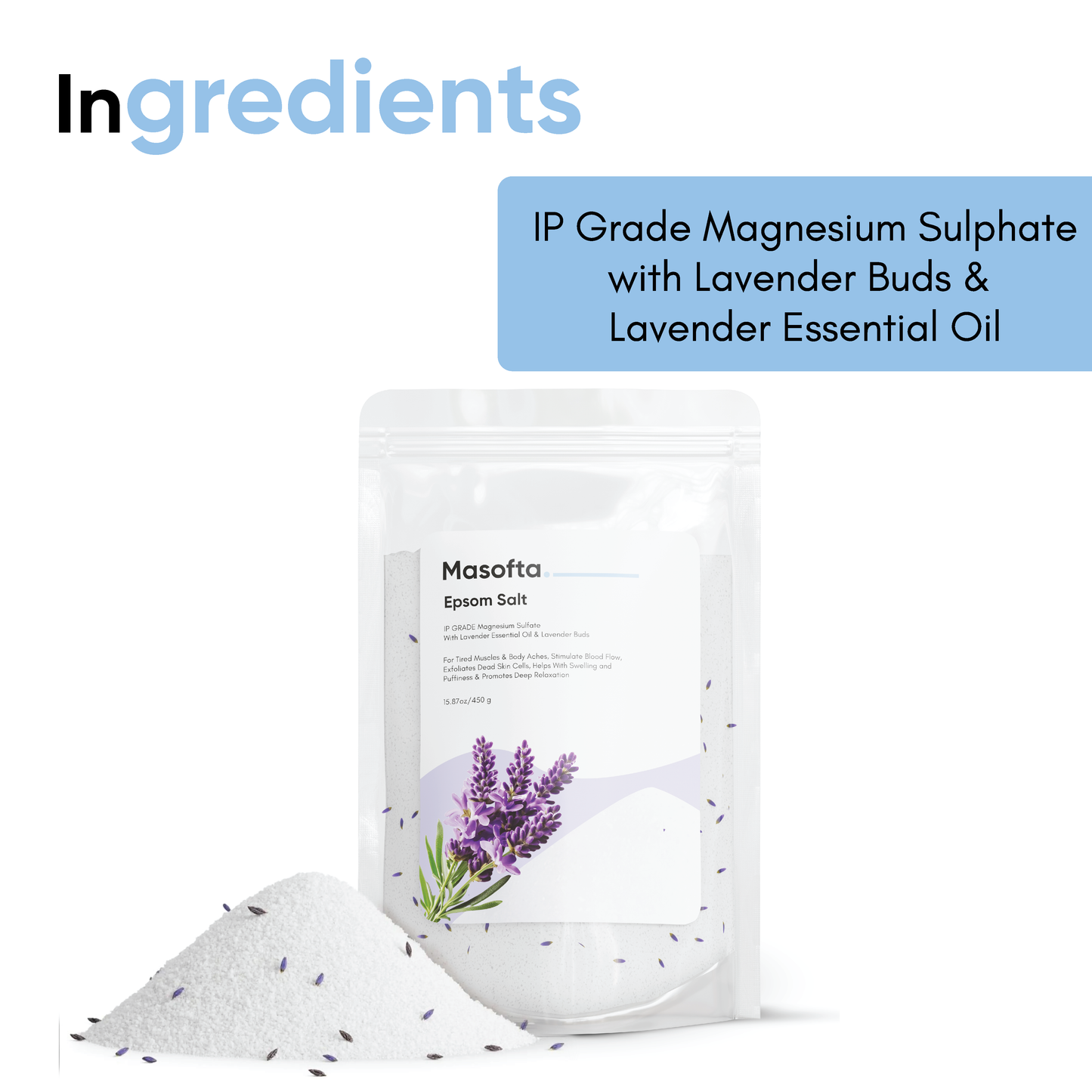 Masofta Epsom Salt for Foot Pain, Body Pain, Stress & Sleep Issues (With Lavender Fragrance & Buds) - 450 Gms