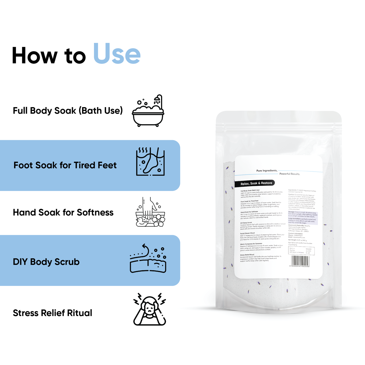 Masofta Epsom Salt for Foot Pain, Body Pain, Stress & Sleep Issues (With Lavender Fragrance & Buds) - 450 Gms