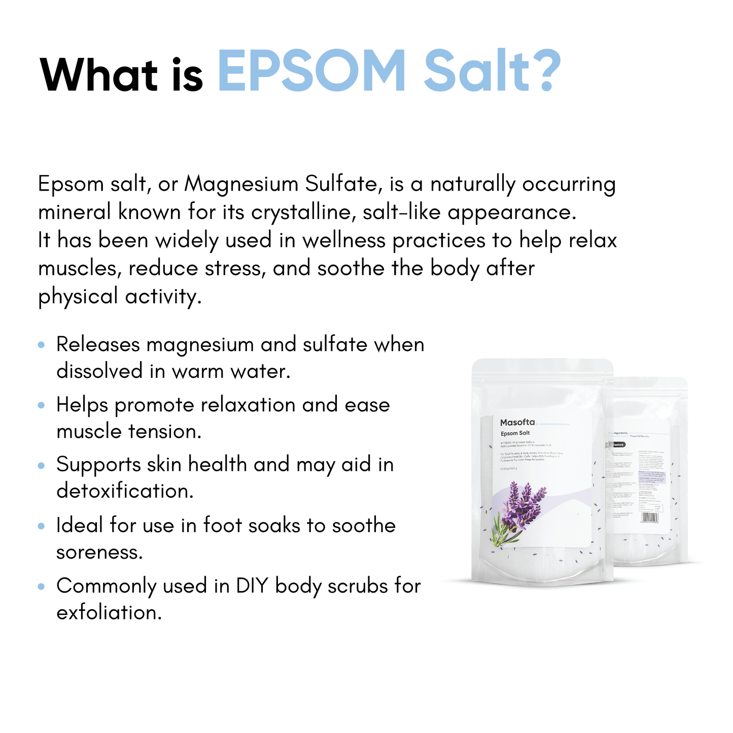 Masofta Epsom Salt for Foot Pain, Body Pain, Stress & Sleep Issues (With Lavender Fragrance & Buds) - 450 Gms