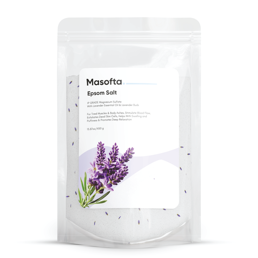 Masofta Epsom Salt for Foot Pain, Body Pain, Stress & Sleep Issues (With Lavender Fragrance & Buds) - 450 Gms