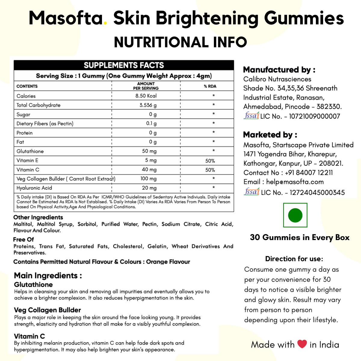 Masofta Skin Brightening Gummies Nutritional Info